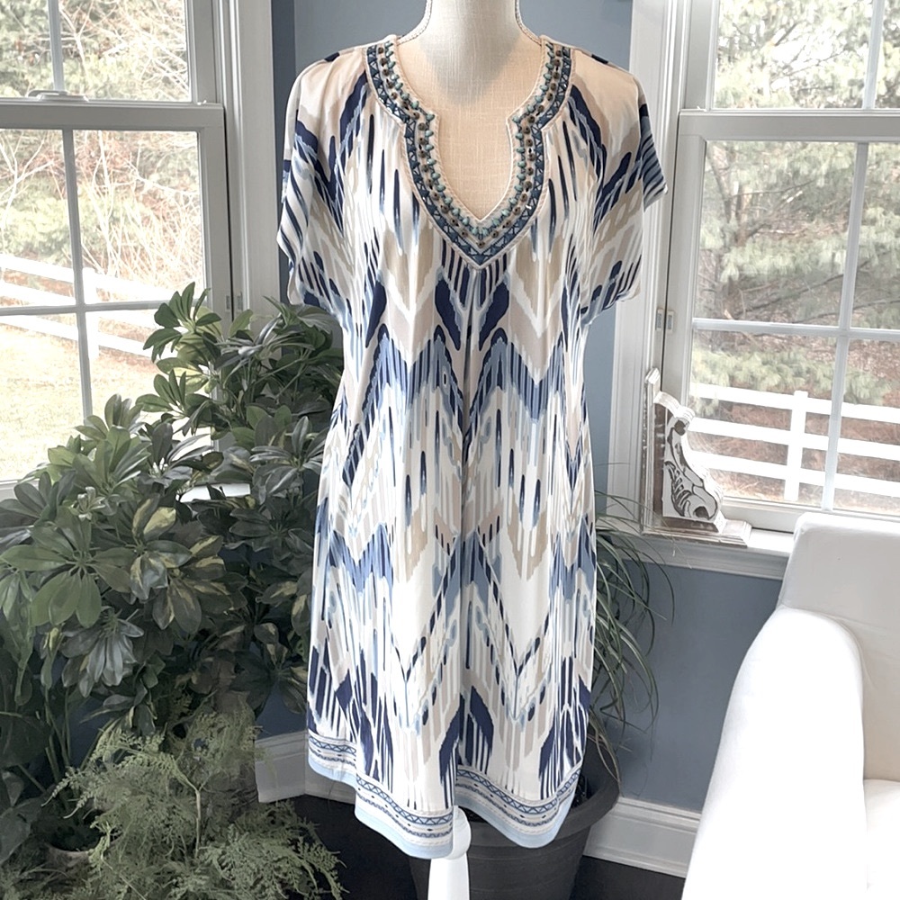 RARE Spring Stunning Bob Hale Boho Aztec Blue Print Dress, LG
